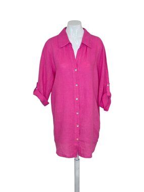 Rosemarine 100% Linen 3/4 Roll Sleeve Tunic, Pink, Lightweight, Button Up, Sz M